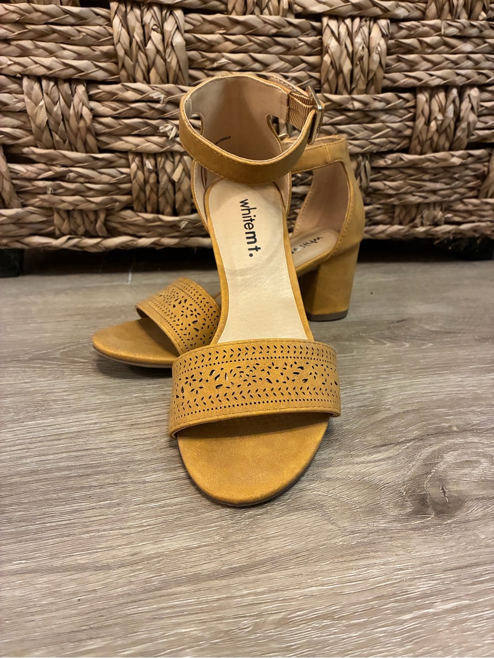 WHITE MT Mustard Ankle-Strap Block Heel Sandals